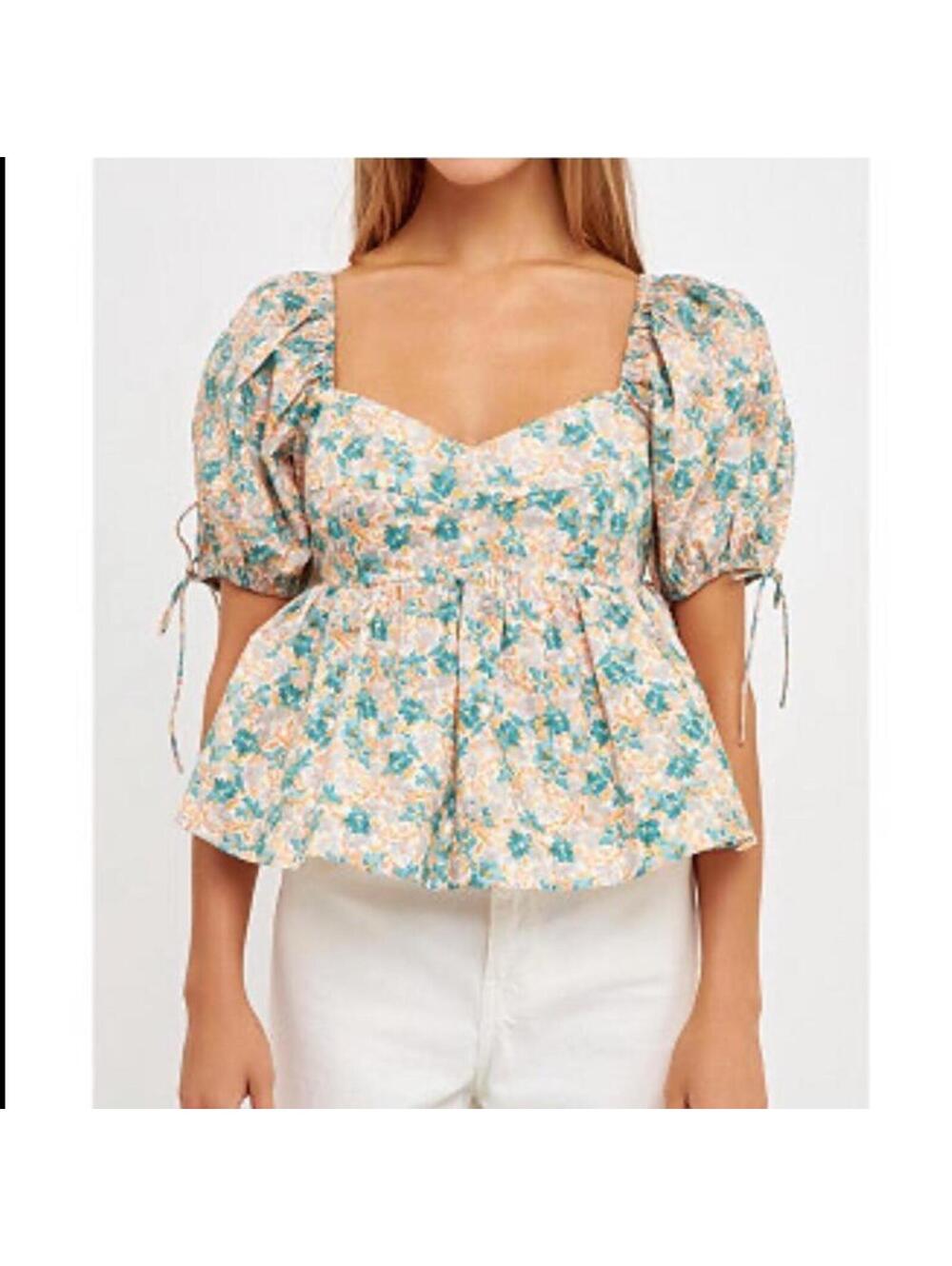 English Factory Women's Floral Puff Sleeve Top Teal, Orange & Cream size Large